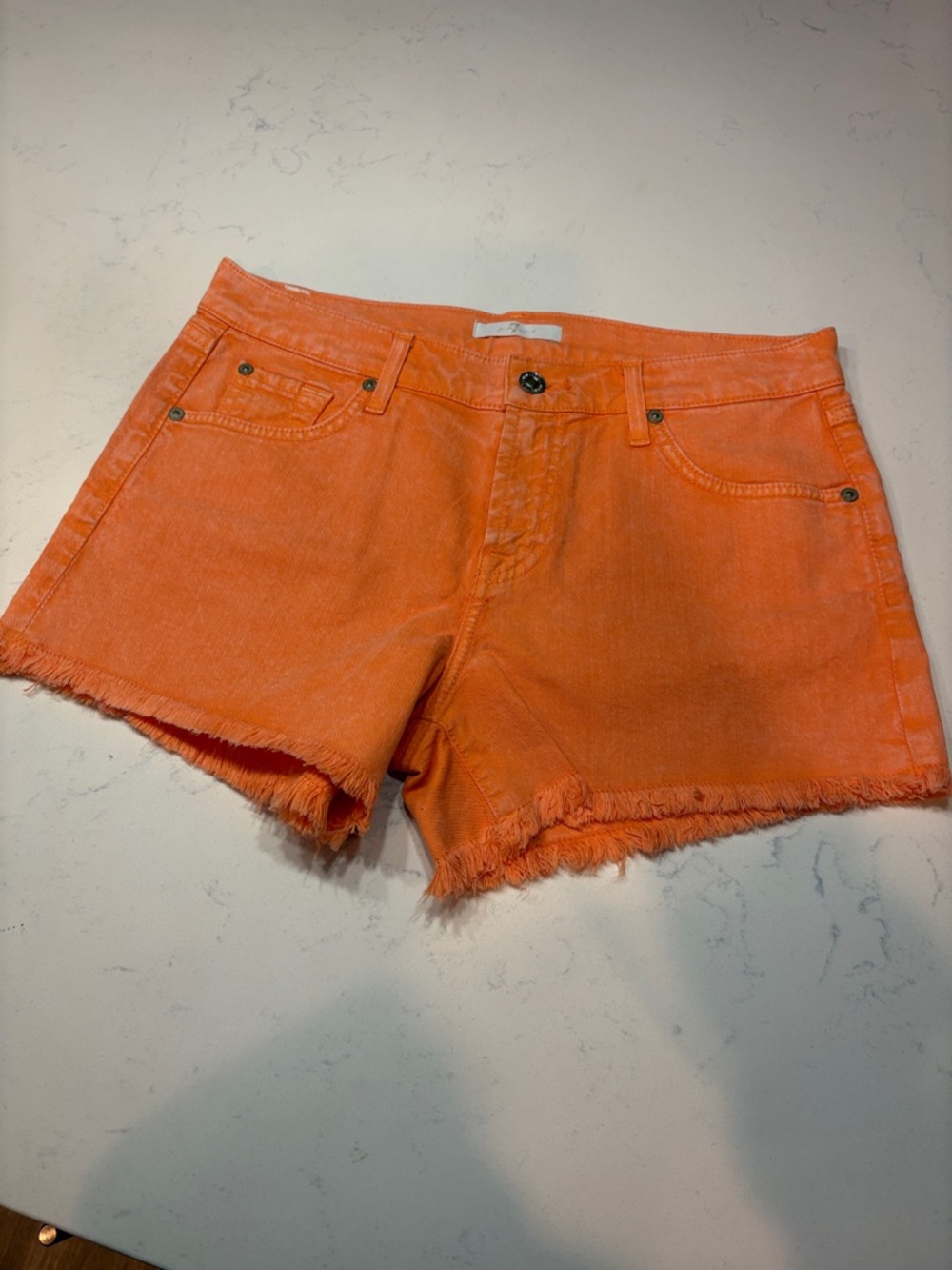 7 For All Mankind Orange Frayed Hem Denim Shorts